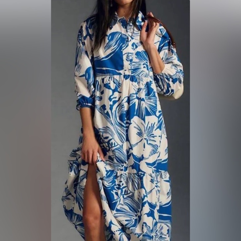 Anthropologie Maeve Bettina here’s shirt dress blue floral size Large